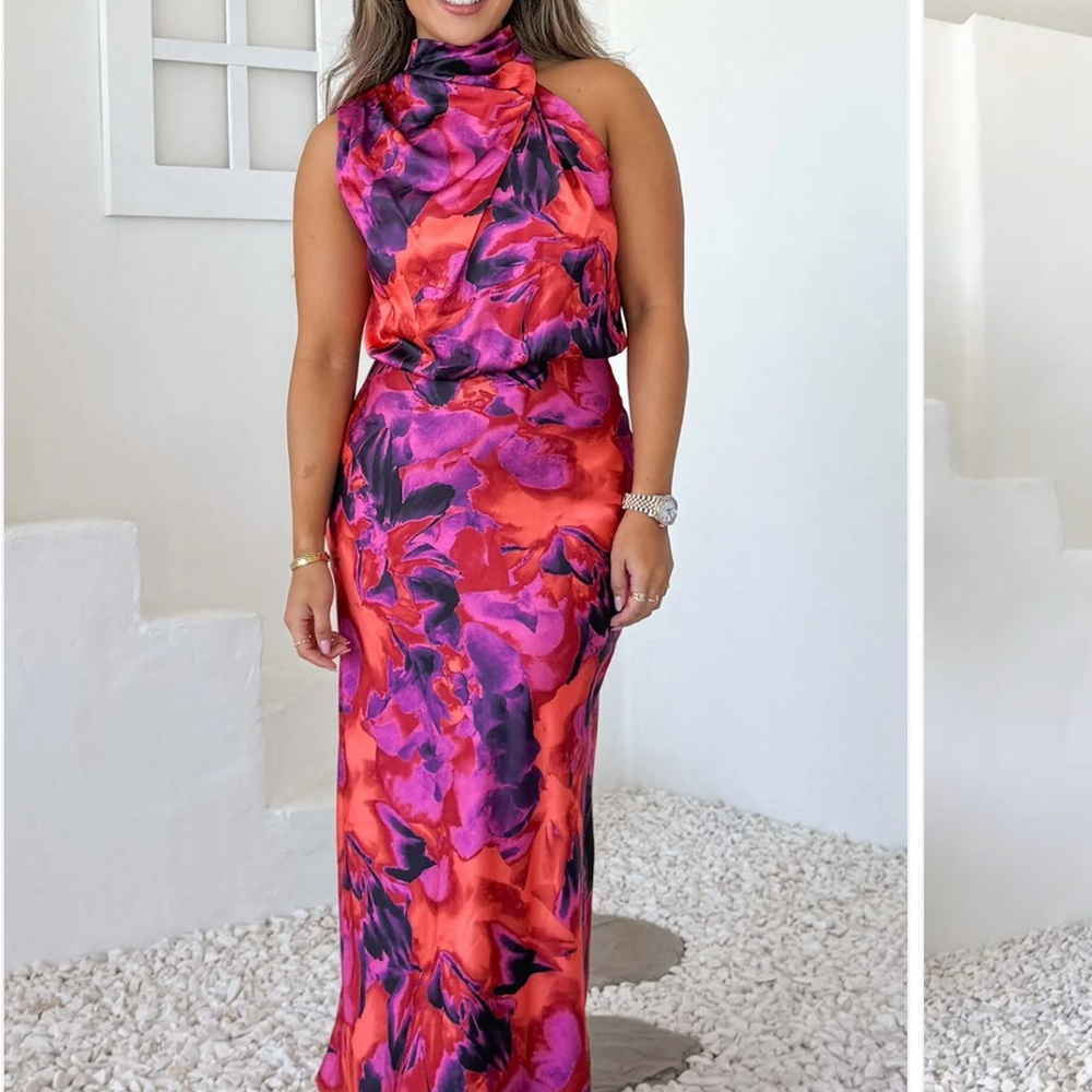 Elegant Red and Purple Floral Midi Dress